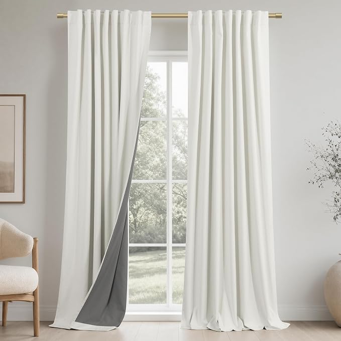 KOUFALL 102 Inch Long Curtains, Blackout Linen Cream Ivory Black Out Pleated Curtains for Living Room 2 Panels Set