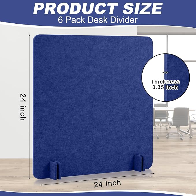 Kisston 6 Pack Acoustic Desk Divider Partition 24 x 24" Stand Up Freestanding Desk Privacy Panel Noise and Visual Distractions Reducing Table Divider for Office Class Reception Area (Blue)