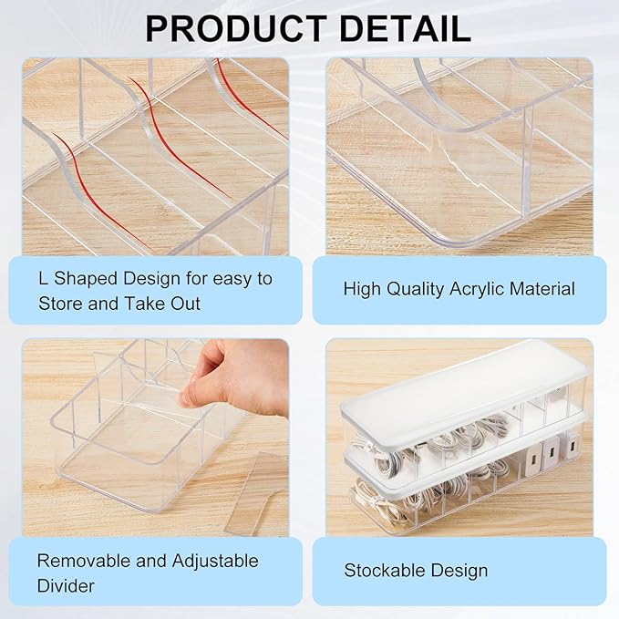 Tatuo 2 Pcs Cord Organizer for Drawer Desktop, Cable Organizer Box with 8 Compartments and Wire Ties, Plastic Charger Storage with Lid, Electronics Case for Home Office Accessories (Small,Clear,White)