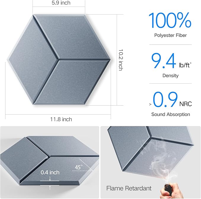 12 Pack Self-Adhesive Acoustic Panels 12" X 10" X 0.4" - Sound Proof Foam Panels with High Density, Y-Lined Design, Flame Resistant, Absorb Noise and Eliminate Echoes(Smoky Gray)