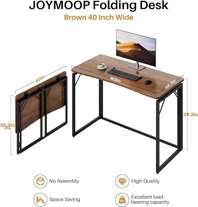 JOYMOOP 40" Folding Desk - Brown, No Assembly Middle Size Foldable Desk for Home, Office, Wooden Top Folding Computer Desk for Working, Writing, Studying