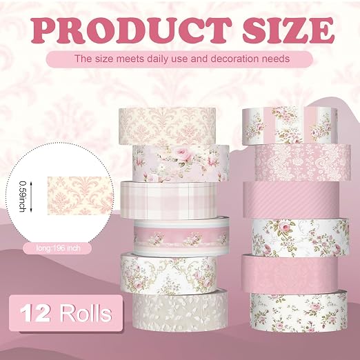 12 Rolls Watercolor Floral Washi Tape Set 15 mm Vintage Flower Decorative Masking Tape for Summer School Arts DIY Craft Scrapbook Journal Supplies Gifts(Pastel Pink,Tea Party)