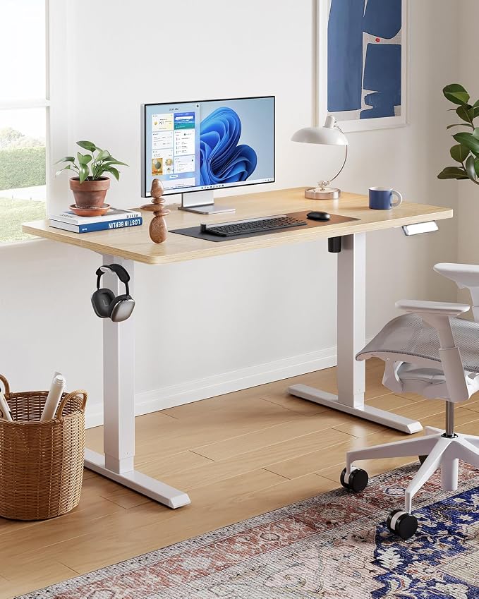 HUANUO 55 x 28 Inch Electric Standing Desk, Height Adjustable Computer Gaming Desk with 4 Memory Presets, Home Office Sit Stand Desk with Hooks & Cable Management, Natural