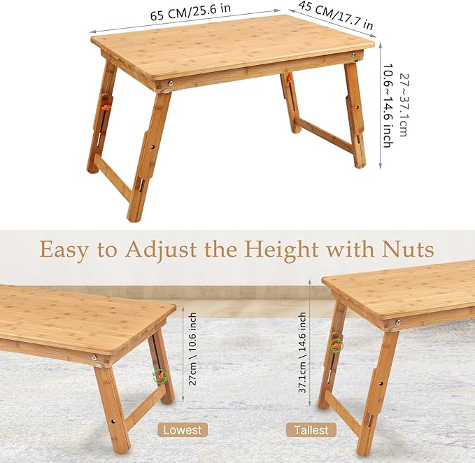Large Size Laptop Tray Desk Nnewvante 25.6x17.7in Bamboo Floor Desk Low Table Bed Tray Table,Foldable Adjustable Study Writing Gaming Breakfast Serving Floor Table Support 18in Laptop w' 4 Leg Lock