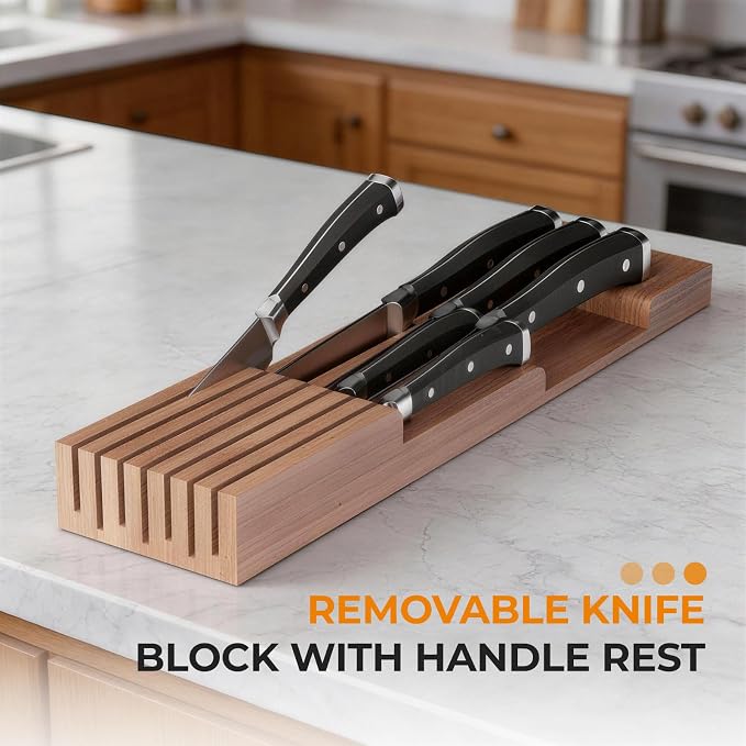 Small Bamboo Silverware Organizer Kitchen Utensil Tray, Brown | Removable Knife Block, Holds 7 Knives, Adjustable Dividers, 15.6 x 12 x 1.8 in, Drawer Insert for Utensils, Forks
