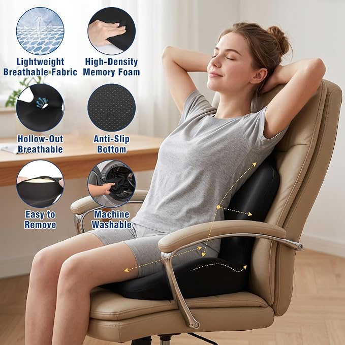 Car Seat Cushion with Lumbar Support Pillow, Memory Foam Office Chair Cushion for Back Pain Sciatica Pain Relief, Ergonomic L-Shaped Seat Cushion for Car Truck Driving Office Chair Home