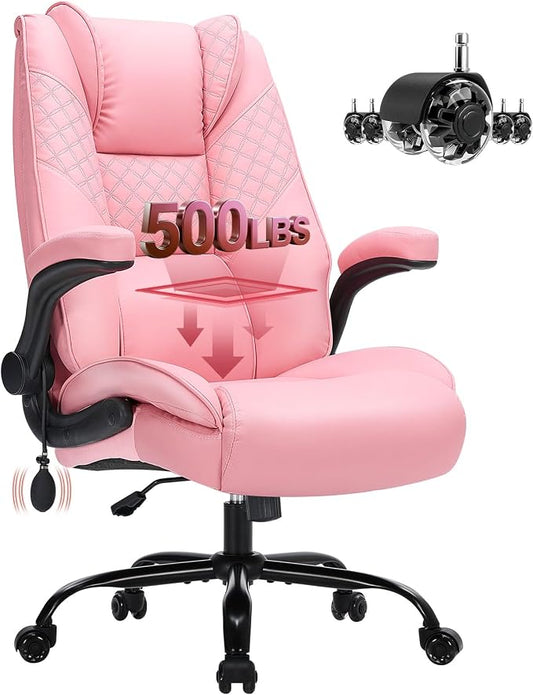 CIOMAN 500lbs Big and Tall Office Chair with Inflatable Lumbar Support, Rubber Wheels Executive Chair with Rocking Function, High Back Wide Cushion Ergonomic Desk Chair for All-Day Sitting,Pink