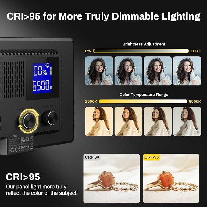 RALENO 9" LED Video Light Panel, 2500K-6500K Camera Light for Video Conference Recording with 4000mAh Battery Type-C USB Ports, CRI>95 Photo Lights for Outdoor Photography Live Streaming Zoom Call