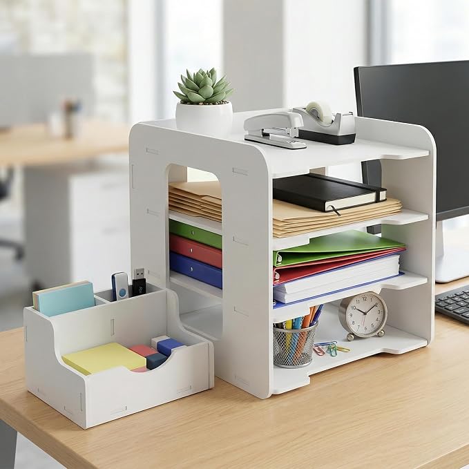 Desk Organizer, 4-Tier File Organizer for Desk, Letter Tray Paper, Desktop Document Sorter for Letter, File Folder Holder with Pen Holder for Office, Home or School- White MLT001W4