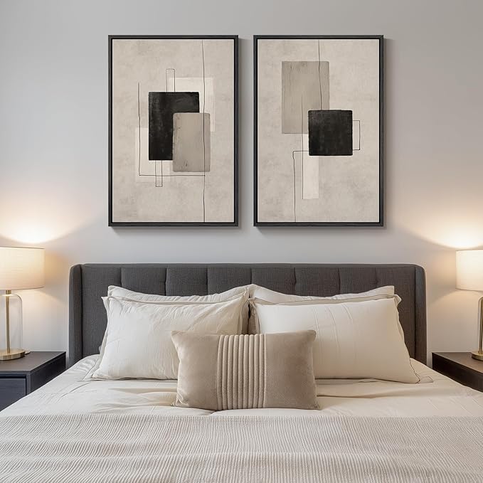 Large Framed Neutral Abstract Wall Art for Living Room, Set of 2 Black and Beige Modern Canvas Prints Paintings Artwork for Walls, Minimalist Block Lines Pictures for Hallway Office Wall Decor 24x36 In