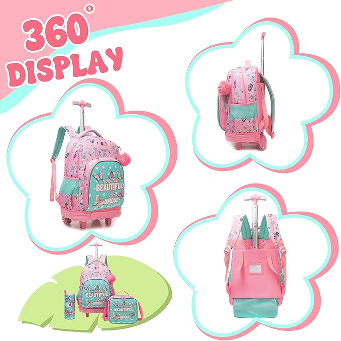 Girls Rolling Backpack for Kids Ages 8-12 Butterfly Wheeled Backpack for Kids Backpacks for Girls with Lunch Bag Back to School Supplies Kit