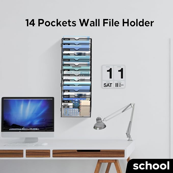 14 Tier Wall Hanging File Organizer, Paper Folder Holder Wall Mounted, Metal Mail Sorter for Office Home School, Black 2 Pack