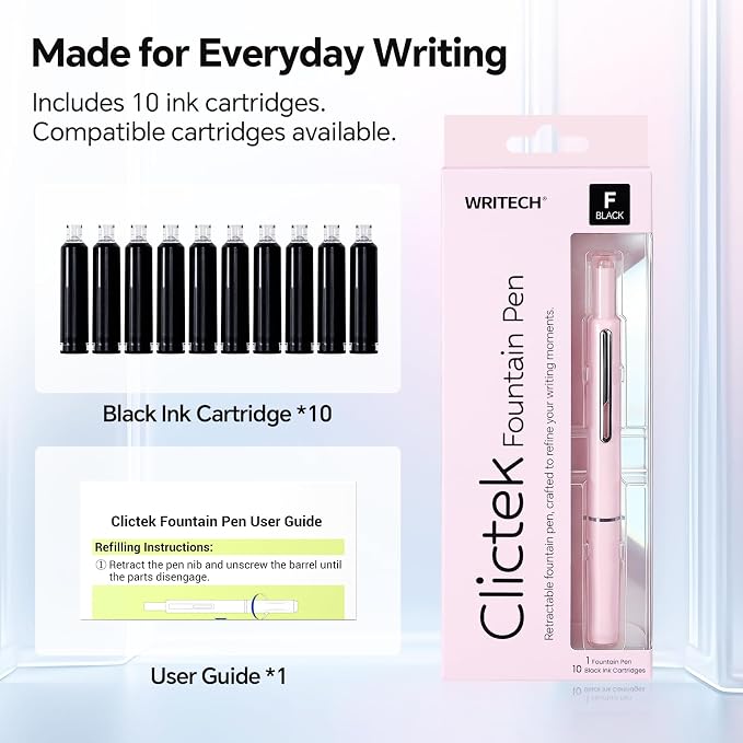WRITECH Retractable Fountain Pen Clictek: Fine Nib Black Ink with 10 Refillable Ink Cartridges No Leaking Smooth Writing for Gift Calligraphy Journaling School Office