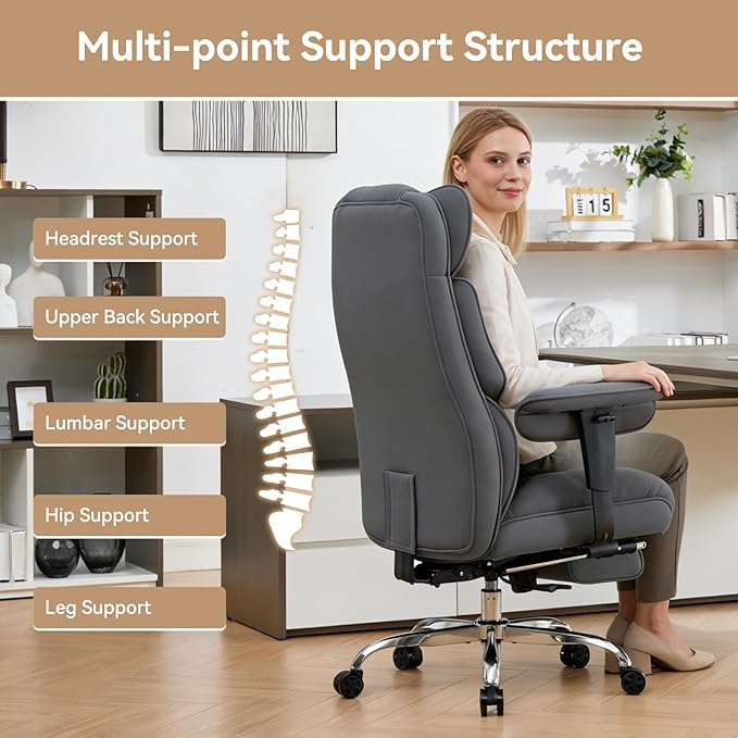 Efomao Big and Tall Office Chair with Footrest - Breathable Mesh Executive Chair, Heavy Duty Computer Desk Chair for Home Office, Ergonomic Lumbar Support & Reclining Mesh Gaming Chair, Bluegrey
