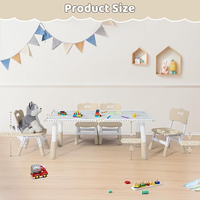 DOREROOM Toddler Table and 4 Chairs Set, Marble Top, No-Screw Legs, Natural | Graffiti Desktop, 47.2"L x 23.6"W, Frameless, Kids Ages 3-8, FSC-certified, Children Activity for Daycare, Classroom, Home