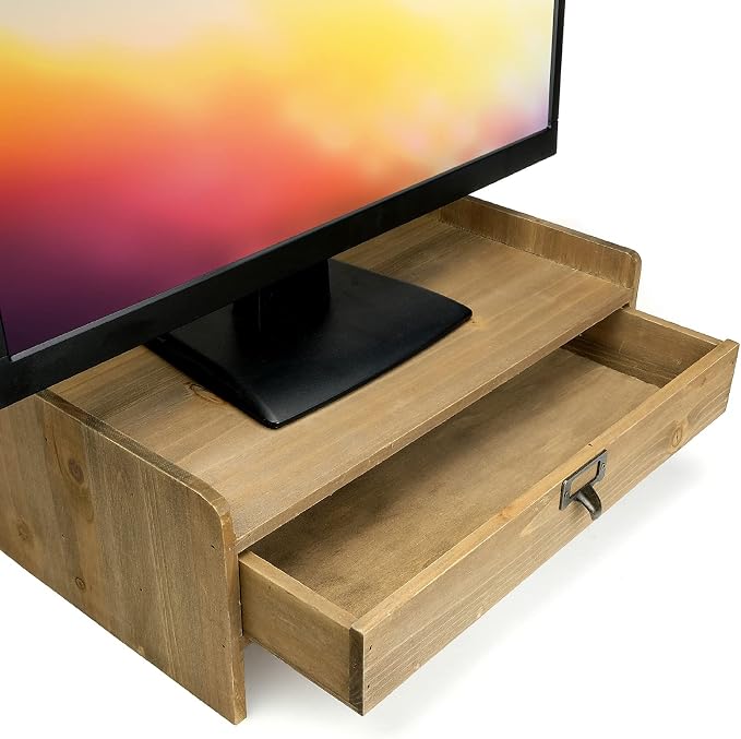 Excello Global Products Wooden Monitor Stand: Includes Drawer for Desktop Organization of Notebooks, Pens, Pencils & Office Supplies (Brown)