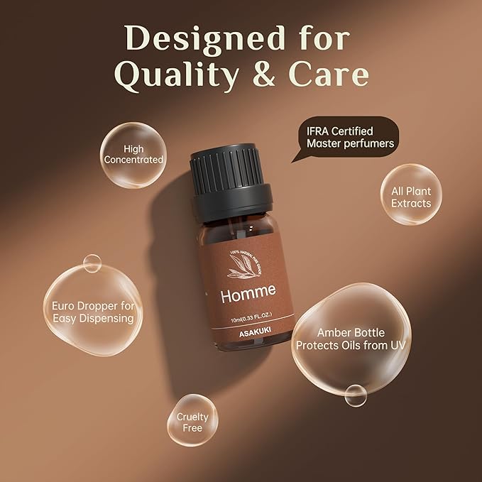 ASAKUKI Men Essential Oils Set for Diffuser, Father's Day Gift for Men– 6×10ml Perfume-Inspired Unisex Fragrance Oils for Diffusers – Elegant, Clean, and Confident Scents