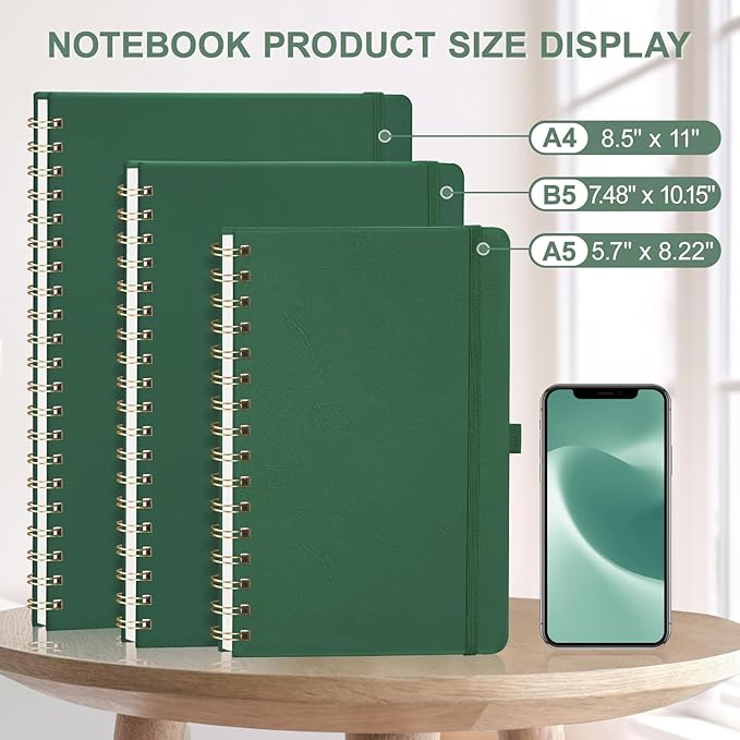 AHGXG HGXG Dotted Journal Spiral Notebook, Large B5 Dotted Notebook 140 Pages, Leather Hardcover, 100 GSM Thick Dot Grid Paper, Inner Pocket, for Dotted Journaling, 7.6" x 10", Green