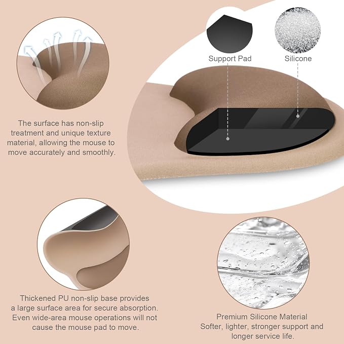 MOSISO Wrist Rest Support for Mouse Pad&Keyboard Set, Streamline Ergonomic Mousepad&Coaster Non-Slip Base Home/Office Pain Relief&Easy Typing Pad with Soft Cloth&Silicone Lining, Mocha