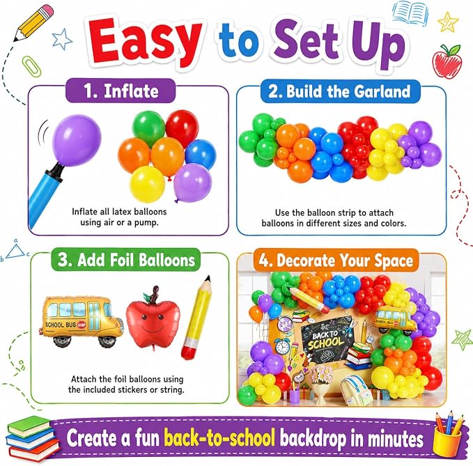 152Pcs Back to School Balloon Arch Garland Kit, Rainbow Latex Balloons and School Bus Apple Pencil Foil Balloon for Classroom Kindergarten Party Decorations, Back to School Event Supplies