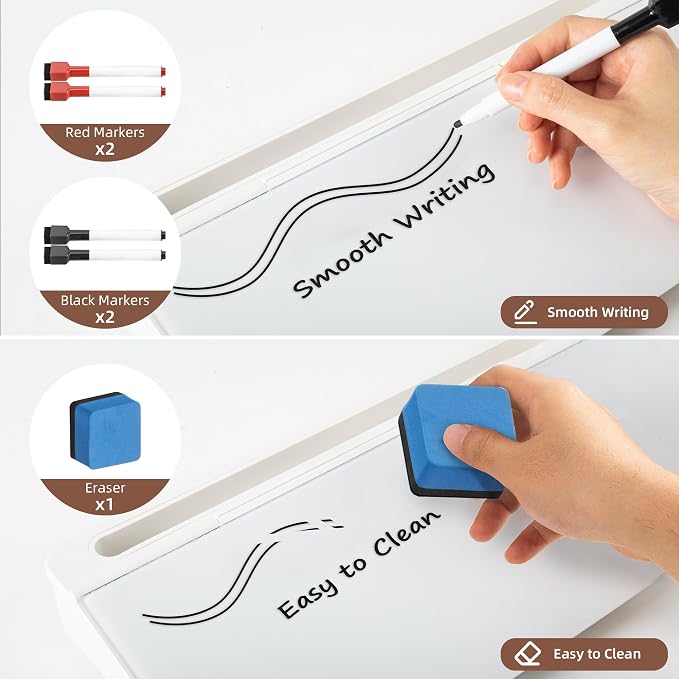 VUSIGN Small Dry Erase Board with Storage, 6.8" x 15.8" Glass Desk Whiteboard, Desk Board with Computer Keyboard Stand & Built-in Drawer, Includes 4 Markers, 1 Eraser for Office, Home, School