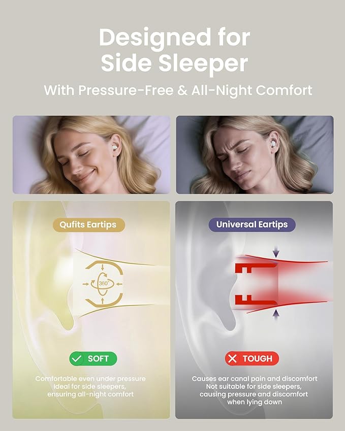 Dream Ear Plugs for Sleeping, 23dB Noise Reduction Soft Silicone Ear Plugs with Patented Qufits Eartips and Carry Case, Reusable Earplugs for Sleep, Work, Focus, Study - Beige