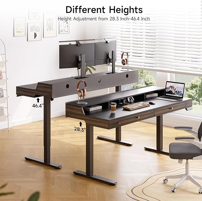 ONBRILL Modern Standing Desk with Storage, 63x23.6 Inch Electric Adjustable Height Desk with 2 Drawers, 3 Open Storage Zones, Black