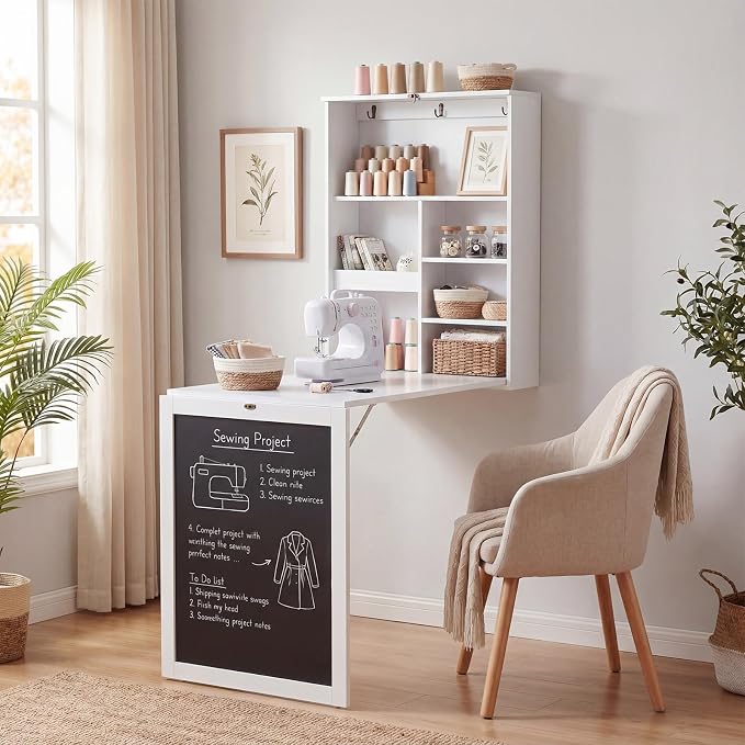 Tangkula Foldable Wall-Mounted Desk, Floating Desk with Chalkboard, Storage Shelves & Hooks, Space-Saving Murphy Table for Home Office, Bedroom, Dorm Room, Small Spaces