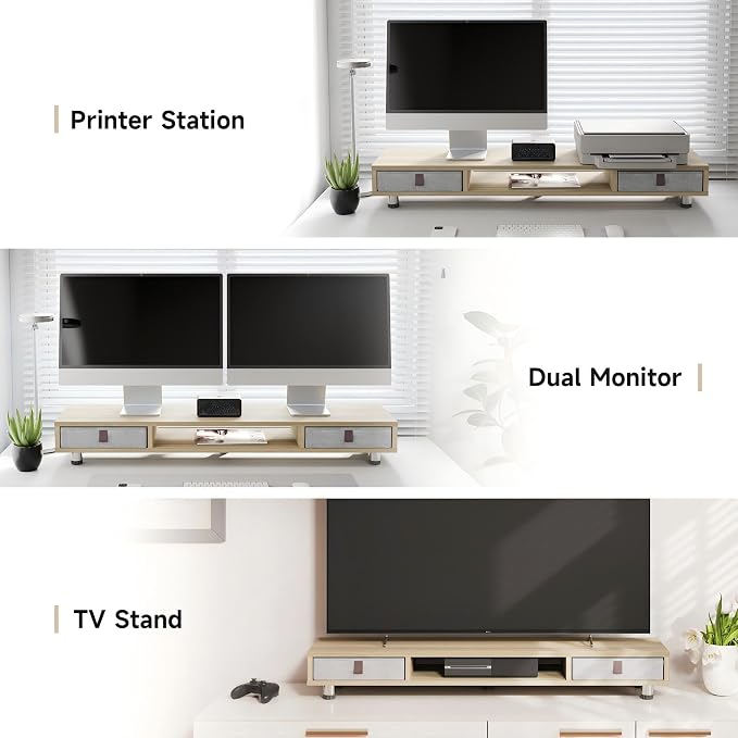 Fenge Dual Monitor Stand, 2-Tier Desk Organizer with Drawers, 42.5in, Oak | Storage Fabric Drawer, Ergonomic Height Adjustable, Desk Shelf for Top of Desk, Laptop, PC, TV, Home Office Organization