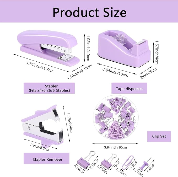 Office Supplies,Purple Desk Accessories,Office Supplies Set,Stapler and Tape Dispenser Set,Scissors,Staple Remover,Binder Clips,Staples,Ballpoint Pen,Index Tabs with Ruler,Clear Tape.9pcs for Office