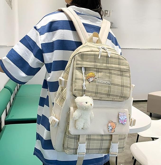 Aobiono 5Pcs Kawaii Plaid Backpack Set Aesthetic Preppy Cute Check with Pins Bear Pendant Light Academia School Supplies Kit