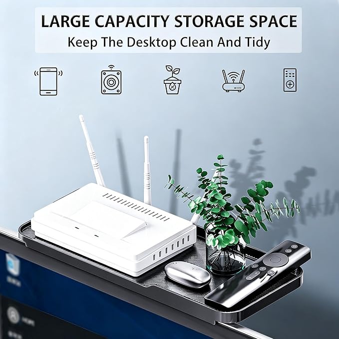2 Pcs TV Top Shelf Screen Top Storage Stand, Black Computer Monitor Top Mounting Bracket Adjustable Cable Box Mount Shelf with 12 inch/30cm Platform for Speakers/Router/Sound Bars/Game Console