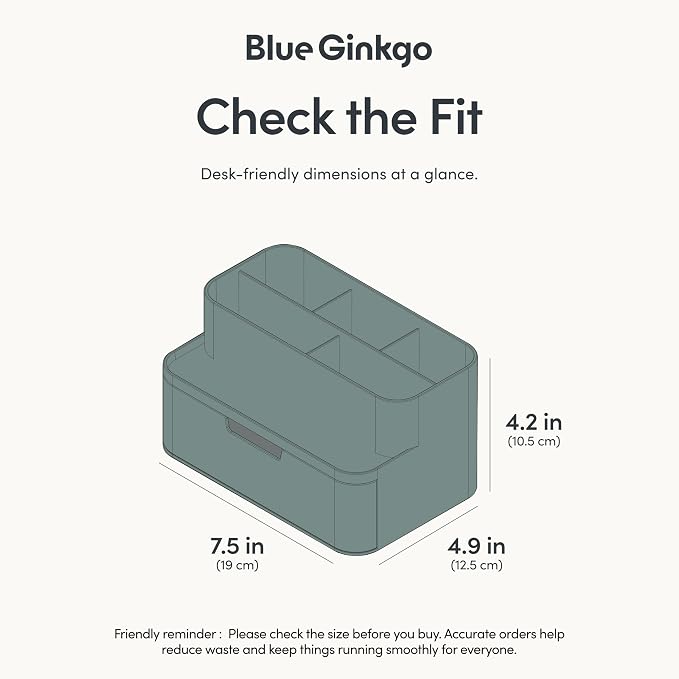 BLUE GINKGO Compact Desk Organizer, Green, Made in Korea | 5 Compartments. Half Drawer. Space-Saving.