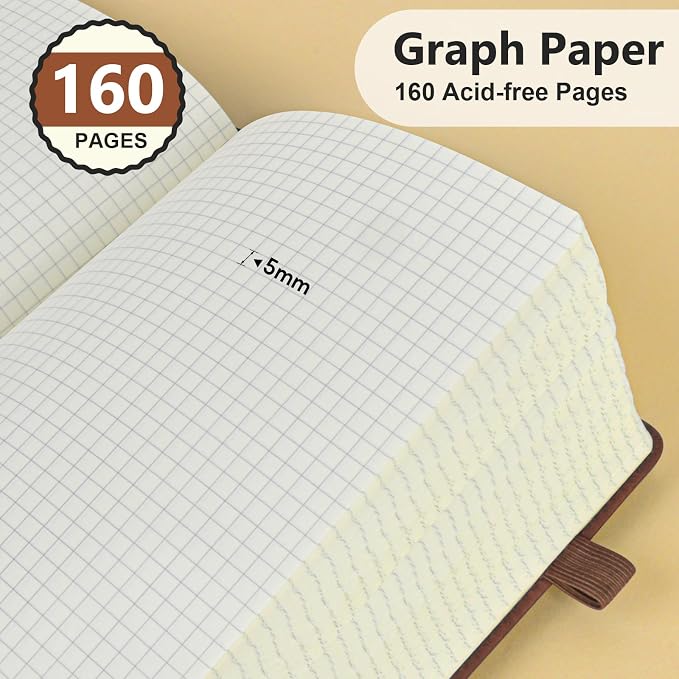PERCUN A5 Hardcover Graph Paper Notebook, 5.9”x8.5” Leather Journal for Women & Men, 160 Pages Grid Paper Composition Notebook for Work, School, Math, Quad Ruled Writing Journals,Graphing (Brown)