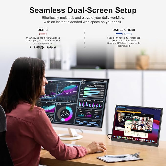 Portable Monitor 14 Inch 1200P USB-C HDMI Ultra-Slim Travel Monitor with Kickstand, Compatible with Xbox, Laptop, PC, Mac Phone, PS, Swich IPS Ultra-Thin Zero Frame Gaming Monitor