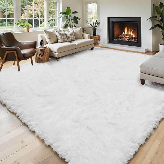 Area Rugs 10x14 Living Room, Shaggy Carpet Soft Plush Furry Bedside Rug Large Area Rugs for Bedroom Home Decor Anti Slip(10 x 14, White)