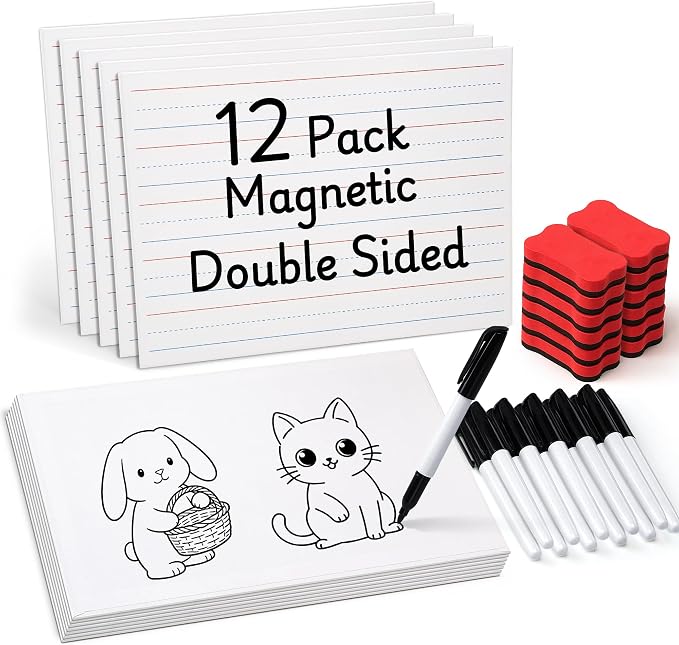 GAMENOTE White Board Dry Erase, Small Magnetic Lined White Board Set, Double Sided Magnet Ruled Lap Boards Whiteboard for Kids and Student Learning, 9x12 Inches (Pack of 12)