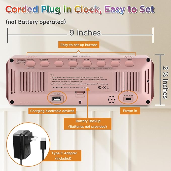 Peakeep Large Display Digital Alarm Clock for Bedroom with Date Day of Week | Colorful Calendar Desk Clocks for Living Room Office Kids, Dimmable Electric Clock Battery Backup, USB Port, Auto DST
