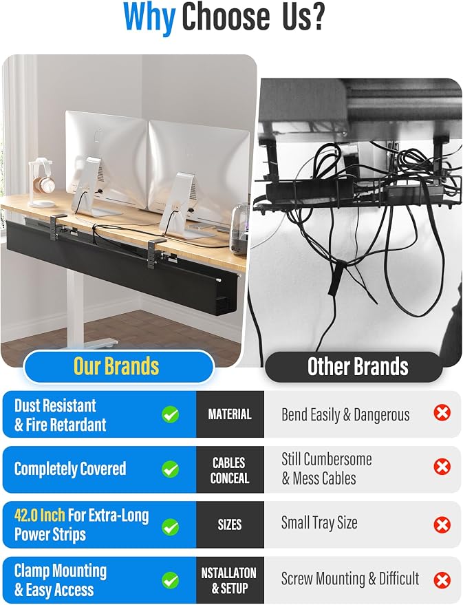 [Upgraded] Large Under Desk Cable Management Tray, Cinati Cable Management Under Desk No Drill, 42" Fabric Cord Hider for Wire Organizer, Cord Organizer for Office, Home - Supports Up to 30lbs Black