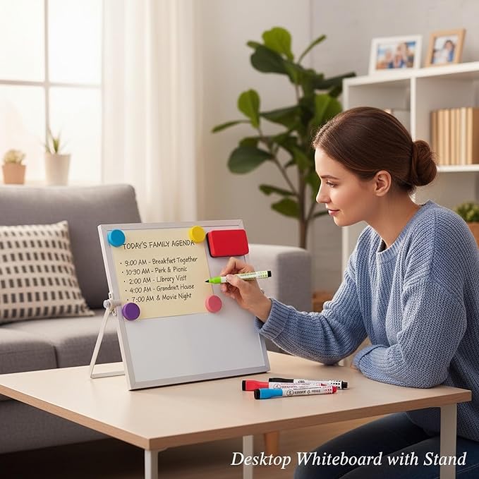 MXG Double Sided Magnetic Dry Erase Board, 10x10 Inch Portable Small White Board with Stand, 360 Rotatable & Adjustable, Includes Markers, Eraser & Magnets, for Office, Home, Desk