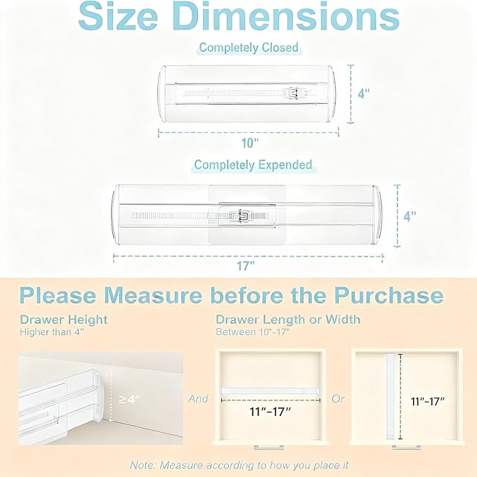 4 Pack Adjustable Drawer Dividers - 4" High Clear Expandable Dresser Organizers 10"-17" Length, Transparent Drawer Separators for Clothes, Underwear, Cosmetics & Kitchen Utensils Storage
