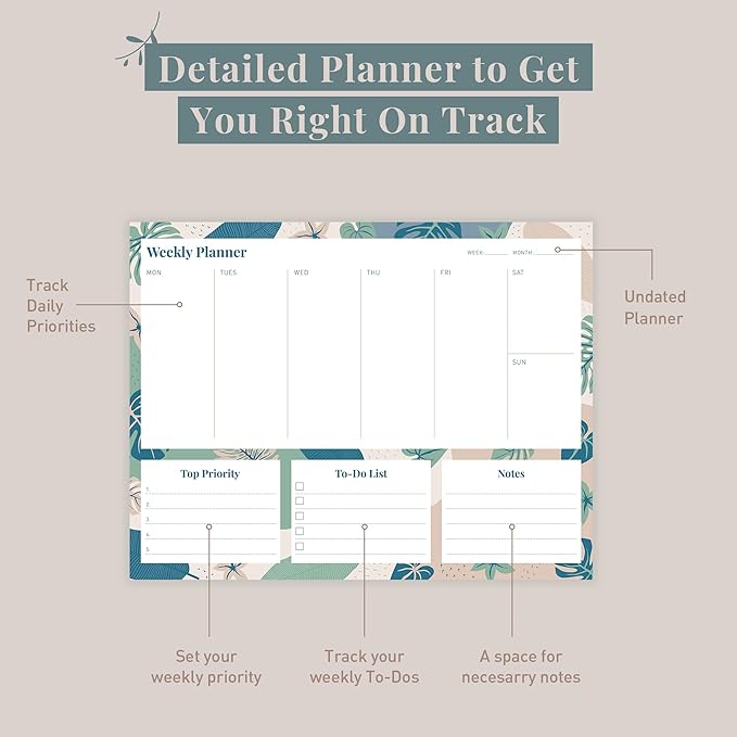 Riley's Weekly Planner Pad, Calendar Tear Off, Desk Organizer, To Do List Notepad, Undated Daily Planner 11" x 8.5"