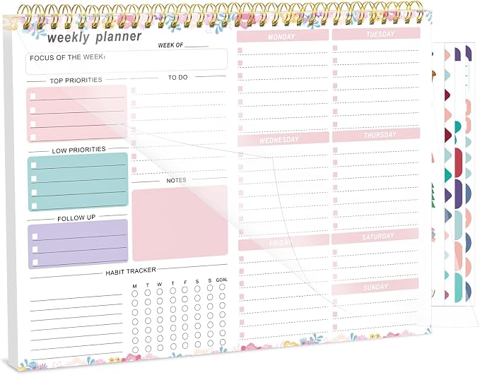 Weekly To Do List Notepad, 8.5''x11'' Weekly Desk Planners with 52 Tear Off Sheets Undated Planner Habit Tracker & Productivity Organizer for Home and Work, Floral