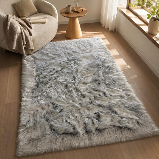 EasyJoy Faux Sheepskin Rug, Fluffy Faux Fur Rug, Ultra Soft Shag Area Rug with Non-Slip Backing for Bedroom, Living Room, Nursery, Kids Room(4 x 6 ft Rectangle, Frosted Bottom Gray)