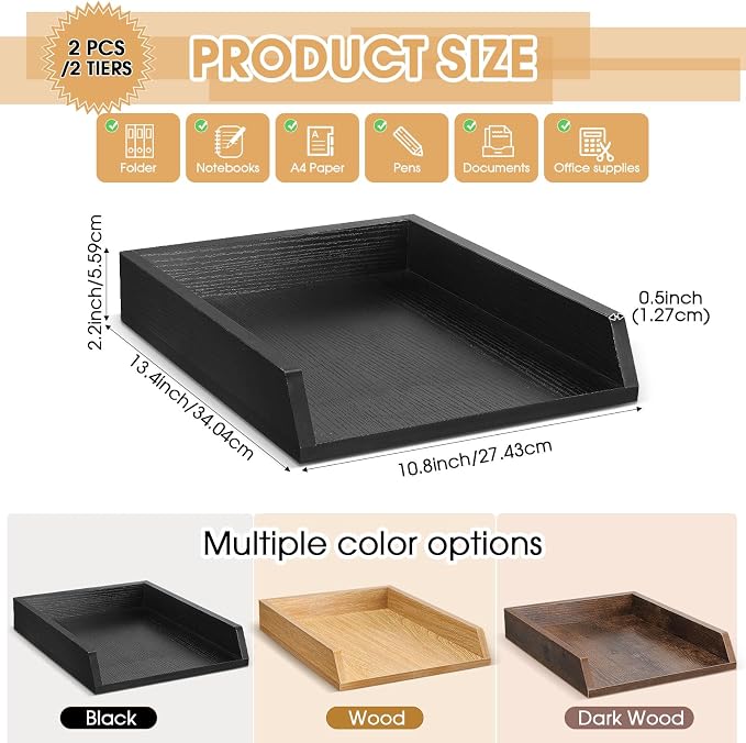 DoubleFill 2 Pcs Wooden Letter Trays 2 Tier Desktop Paper Organizer Wood Letter-Size Desk Document Tray Heavy Duty Stackable Paper Drawer Holder File Folder Back to School Office Home (Black)