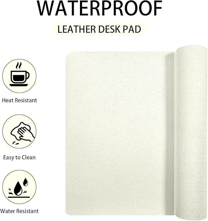 Leather Desk pad Protector, Office Mat, Large Mouse Mat, Non-Slip PU Leather Blotter, Laptop Desk Pad,Waterproof Laptop Computer Desk Keyboard Mat for Office/Work/Home/Decor (White, 25in*13in)