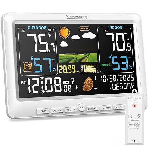 BluSon Weather Station Wireless Indoor Outdoor Thermometer, Atomic Clock | Color Display Digital Temperature Humidity Monitor with Weather Forecast, Adjustable Backlight, Barometer for Home, White