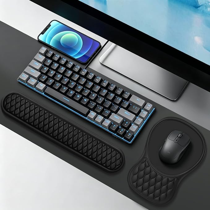 Ergonomic Wrist Rest for Keyboard and Mouse Pad Support Set, Soft Memory Foam Massage Design Relieves Wrist Pain, Non-Slip PU Base for Computer Desk (2-in-1 * Black