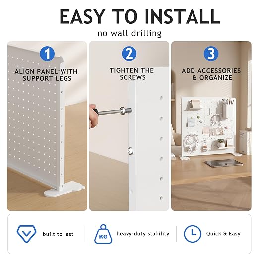 White Metal Desk Pegboard Organizer, 15.75 in with Hooks and Shelves | White metal desktop pegboard with support feet, hooks, shelves, storage cup and magnets for office, bedroom and craft storage