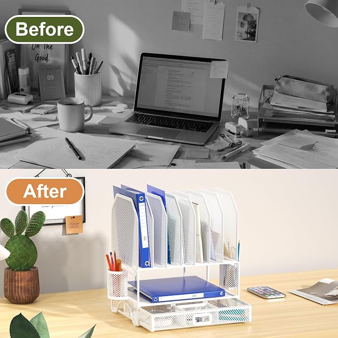 FANXIYQ Metal Desk Organizer with Sliding Drawer, 7-Section File Organizer for Desk, Desktop File Folder & Paper Organizer with 2 Hanging Pen Holders, Office Supplies Organizer, White